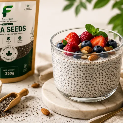 Chia pudding topped with fresh berries and almonds