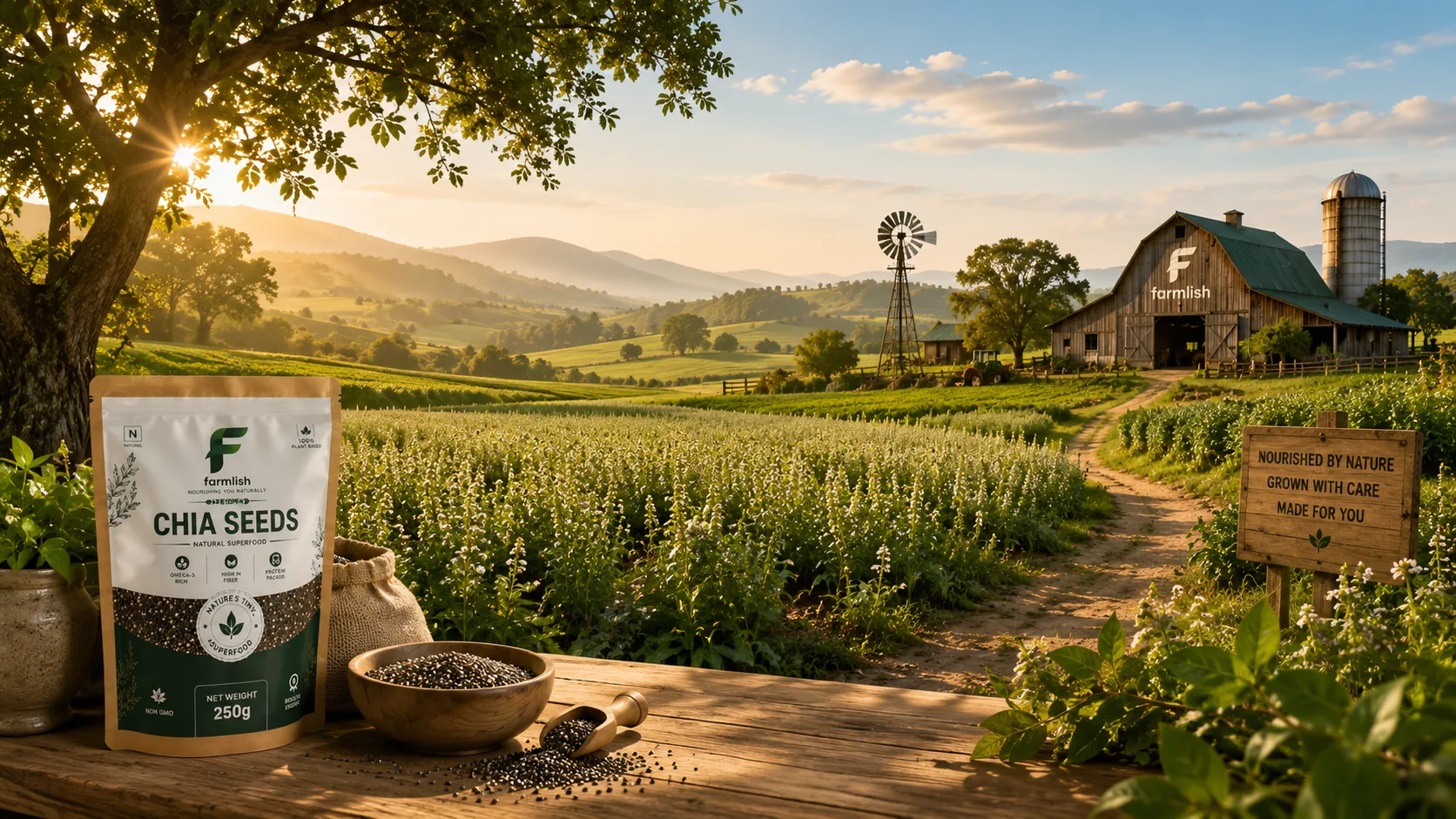 Sunlit chia farm with a wooden barn in the distance