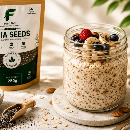 Overnight oats topped with chia seeds and fruit
