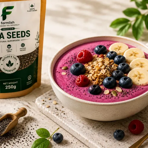 Berry chia smoothie bowl with fresh fruit
