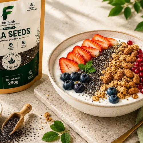 Yogurt bowl topped with chia seeds and fruit